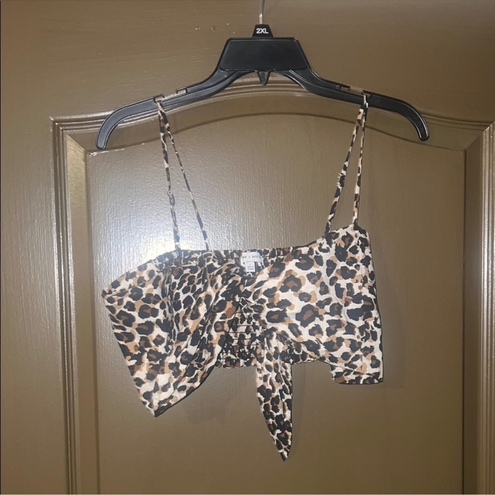 Express  Leopard Print Tie-Front Crop Top - Brown & Black